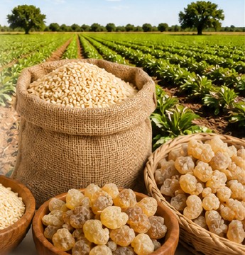 Sesame seeds and Somali frankincense resin arranged for market